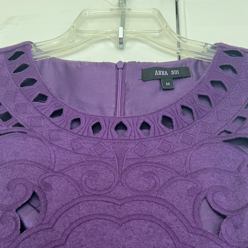 Vintage Anna Sui Purple Laser-Cut Overlay Embroidered Ornate Sheath Mini Dress